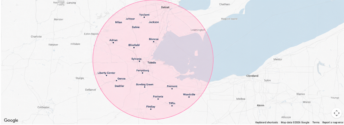 AY Cleaning & Renovations service area map covering Southeast Michigan and Northwest Ohio